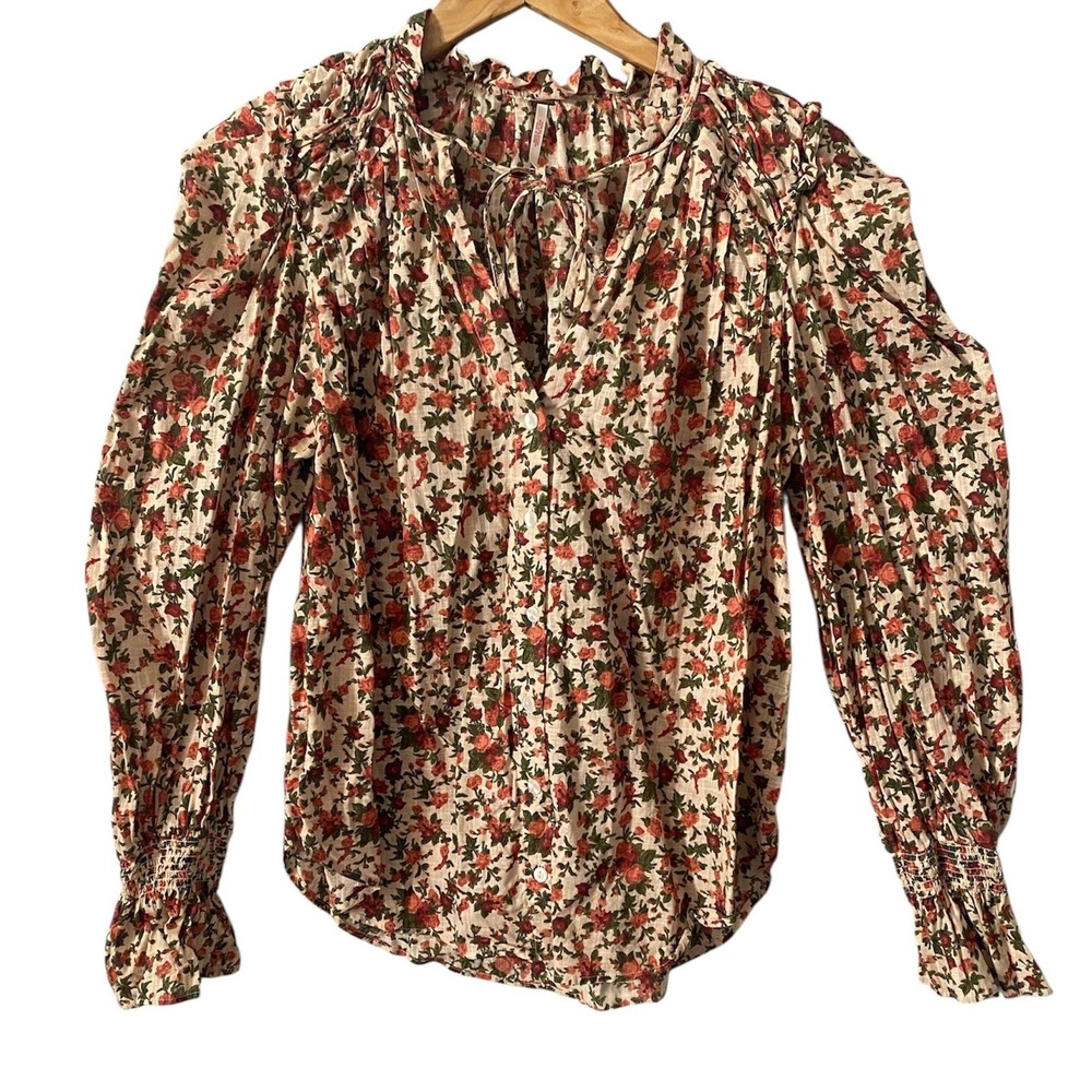 Free People Meant To Be Floral Ruffle Tie Neck‎ Tan Cotton Boho Blouse Sz Small
